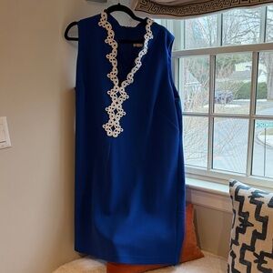 Sleeveless Cobalt Midi Dress with White Embroidered Trim
